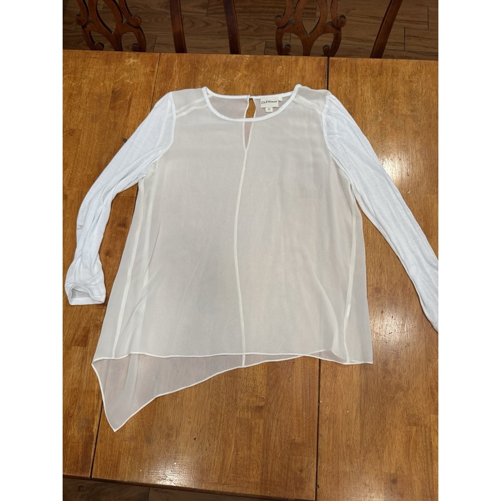 Pure DKNY White Asymmetrical Chiffon Layered Tunic Blouse Women's L Large